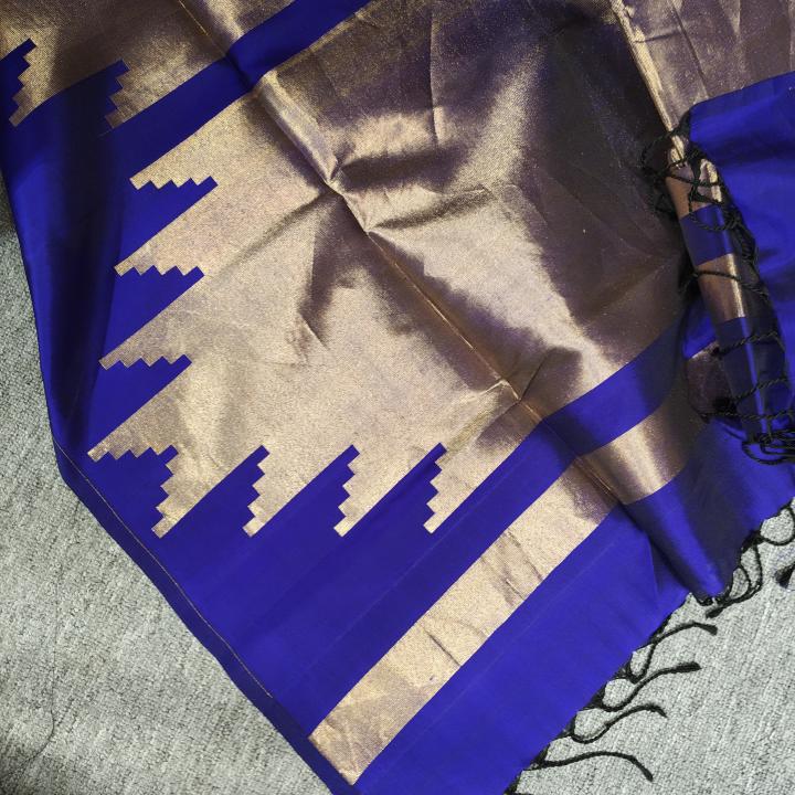 Soft Silk Saree in Royal Blue & Antique Gold with Temple Motif Border & Zari Pallu