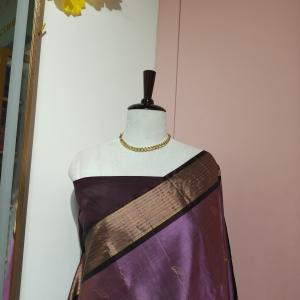 Soft Silk Saree in Soft Lavender & Dark Plum Brown with Gold Zari Leaf Motifs & Brocade Pallu