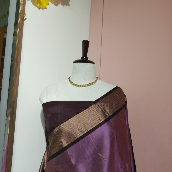Soft Silk Saree in Soft Lavender & Dark Plum Brown with Gold Zari Leaf Motifs & Brocade Pallu