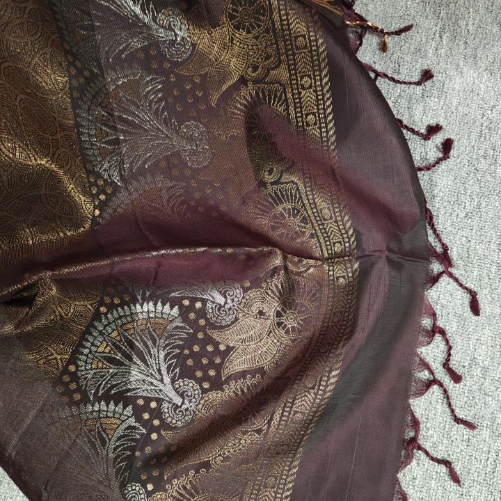 Soft Silk Saree in Soft Lavender & Dark Plum Brown with Gold Zari Leaf Motifs & Brocade Pallu