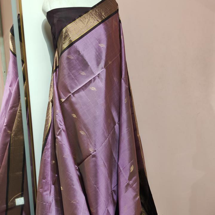 Soft Silk Saree in Soft Lavender & Dark Plum Brown with Gold Zari Leaf Motifs & Brocade Pallu