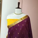 Soft Silk Saree in Emerald Green & Wine Purple with Gold Zari Stripes & Chevron Accent