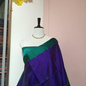 Soft Silk Saree in Vivid Indigo Purple & Emerald Green with Silver Zari Buttis & Brocade Pallu