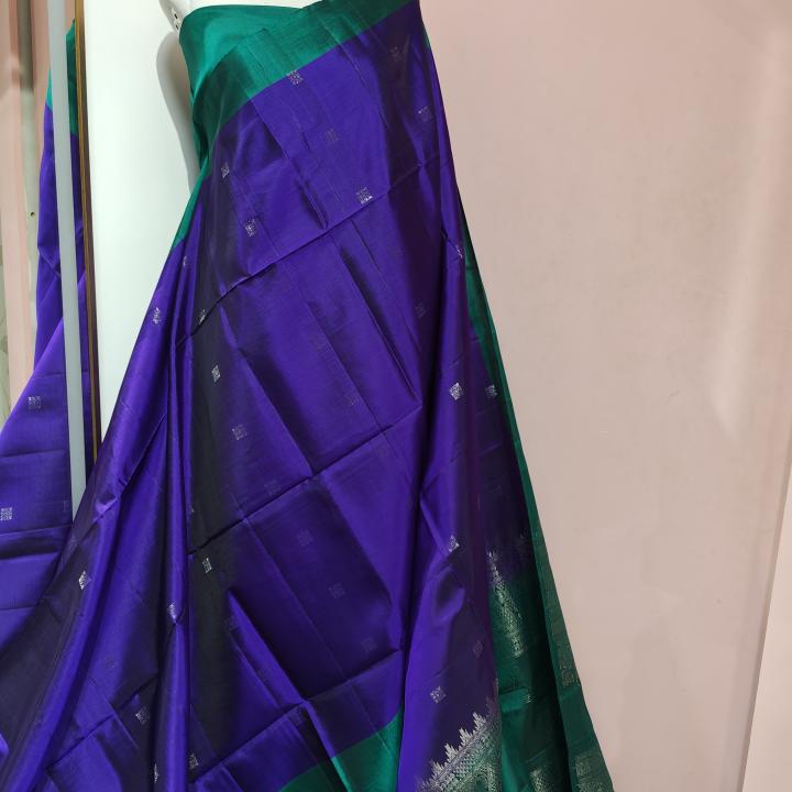 Soft Silk Saree in Vivid Indigo Purple & Emerald Green with Silver Zari Buttis & Brocade Pallu
