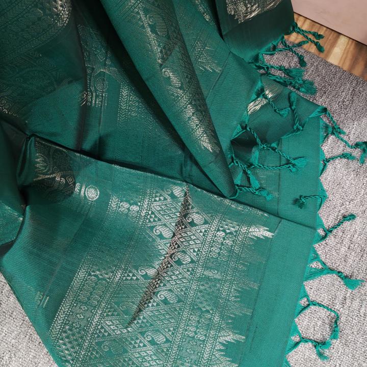 Soft Silk Saree in Vivid Indigo Purple & Emerald Green with Silver Zari Buttis & Brocade Pallu