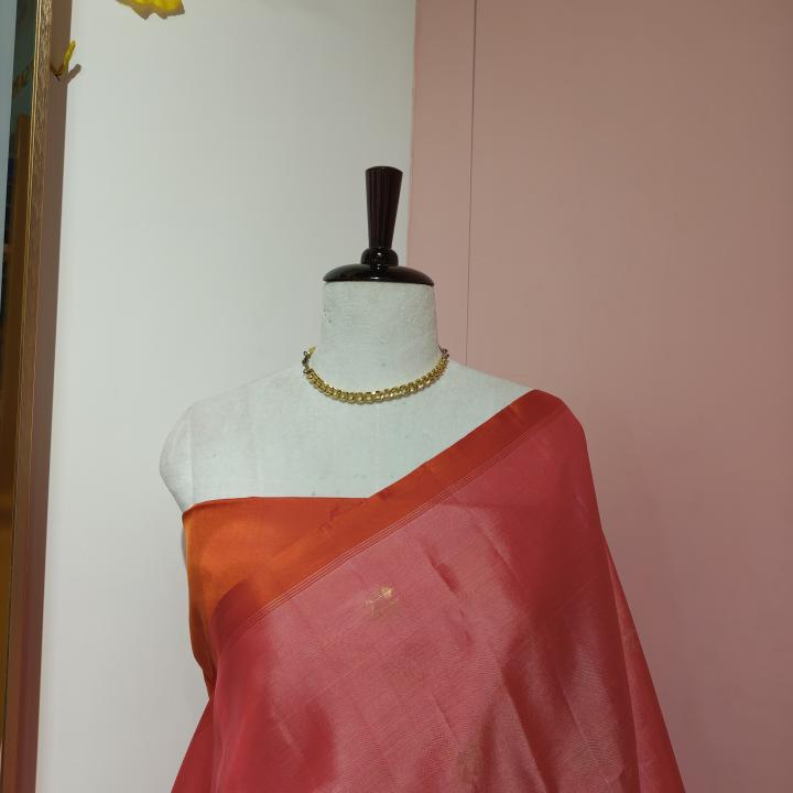Soft Silk Saree in Soft Coral Peach & Rust Orange with Gold Zari Motifs & Floral Brocade Pallu