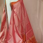 Soft Silk Saree in Soft Coral Peach & Rust Orange with Gold Zari Motifs & Floral Brocade Pallu