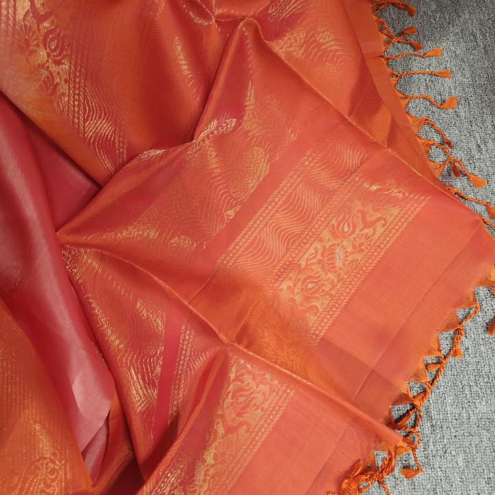 Soft Silk Saree in Soft Coral Peach & Rust Orange with Gold Zari Motifs & Floral Brocade Pallu