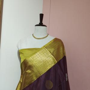 Soft Silk Saree in Deep Plum Wine & Olive Mustard with Dual-Tone Zari Leaf Motifs & Brocade Border