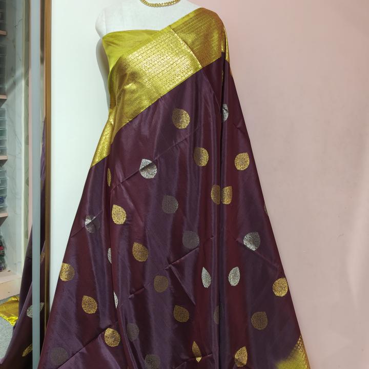 Soft Silk Saree in Deep Plum Wine & Olive Mustard with Dual-Tone Zari Leaf Motifs & Brocade Border