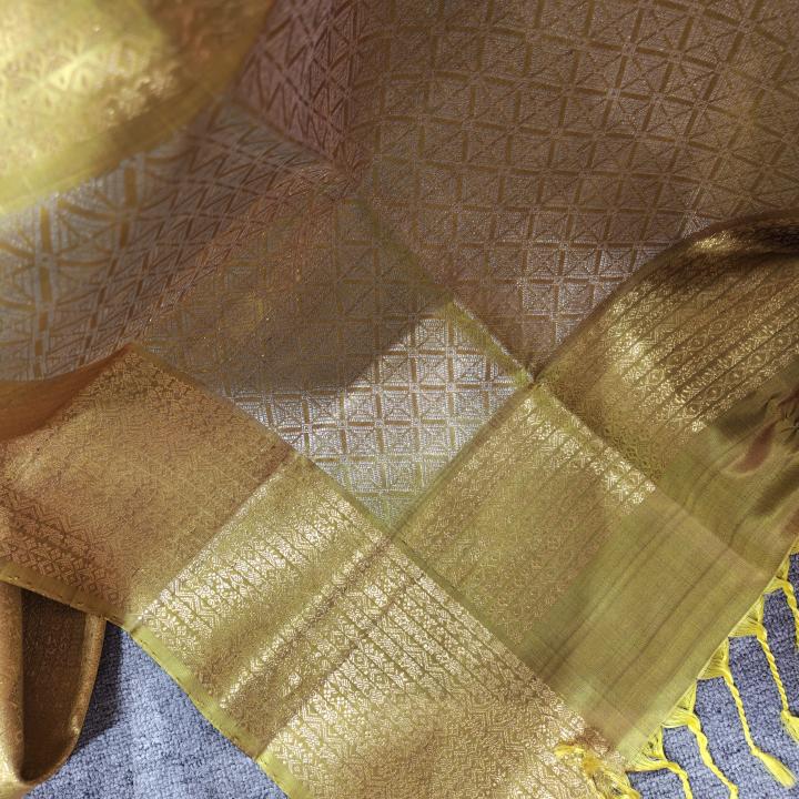 Soft Silk Saree in Deep Plum Wine & Olive Mustard with Dual-Tone Zari Leaf Motifs & Brocade Border