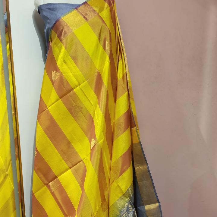 Soft Silk Saree in Bright Canary Yellow & Steel Blue with Gold Zari Block Checks & Temple Motifs