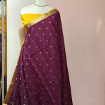 Soft Silk Saree in Emerald Green & Wine Purple with Gold Zari Stripes & Chevron Accent
