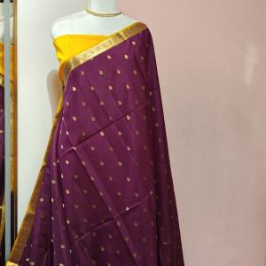 Soft Silk Saree in Emerald Green & Wine Purple with Gold Zari Stripes & Chevron Accent