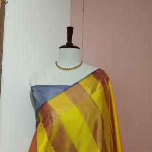 Soft Silk Saree in Bright Canary Yellow & Steel Blue with Gold Zari Block Checks & Temple Motifs