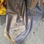 Soft Silk Saree in Bright Canary Yellow & Steel Blue with Gold Zari Block Checks & Temple Motifs