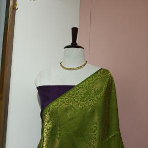 Soft Silk Saree in Olive Moss Green & Deep Imperial Purple with All-Over Gold Zari Floral Jaal