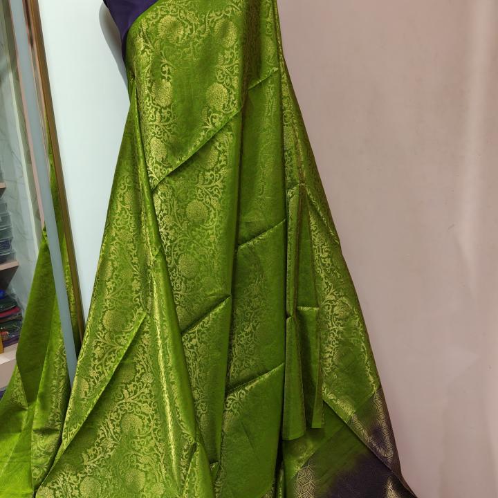 Soft Silk Saree in Olive Moss Green & Deep Imperial Purple with All-Over Gold Zari Floral Jaal