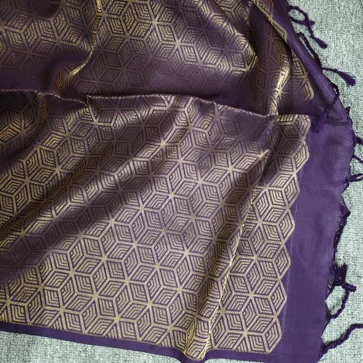 Soft Silk Saree in Olive Moss Green & Deep Imperial Purple with All-Over Gold Zari Floral Jaal