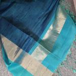 Soft Silk Saree in Soft Mango Peach & Midnight Navy Blue with Temple Zari Border & Peacock Blue Accents