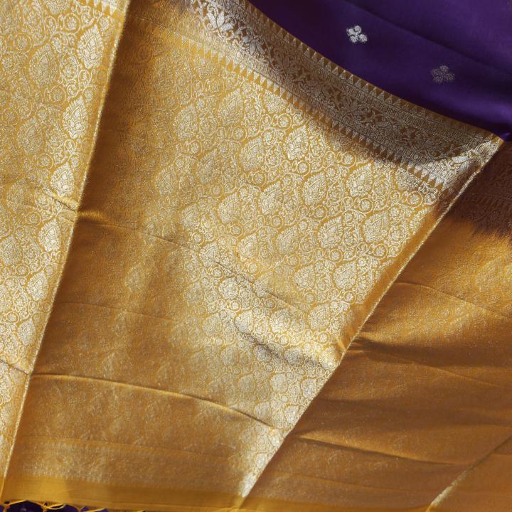 Soft Silk Saree in Emerald Green & Wine Purple with Gold Zari Stripes & Chevron Accent