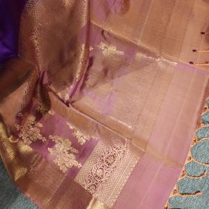 Soft Silk Saree in Royal Purple & Copper Rose Gold with Zari Motifs & Brocade Border