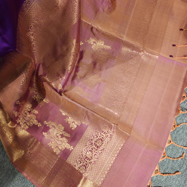 Soft Silk Saree in Royal Purple & Copper Rose Gold with Zari Motifs & Brocade Border