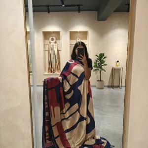 Semi Tussar Silk Saree in Beige with Abstract Geometric Block Print & Tassel Pallu